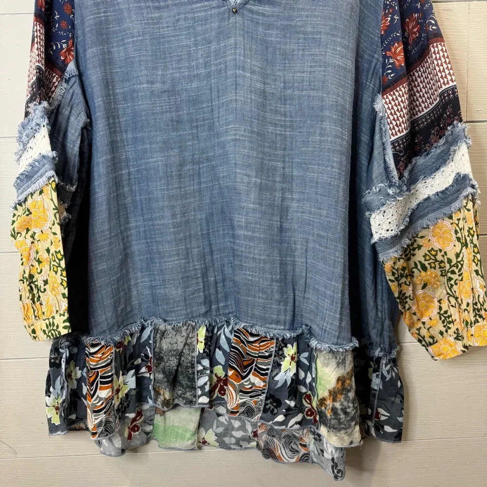 Coldwater Creek 100% Cotton Boho Blue Patchwork Blouse Size XL - Picture 3 of 10